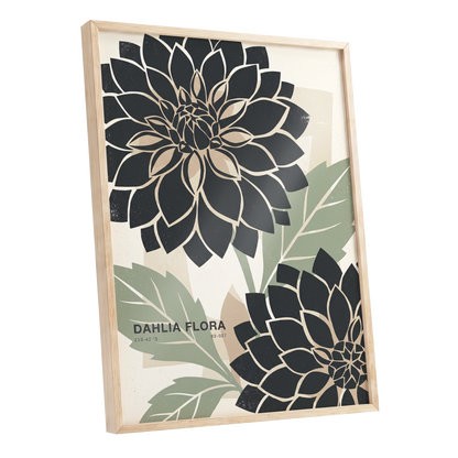Noir Dahlia Garden, black, green, beige floral wall art shown as a oak framed poster wall art print