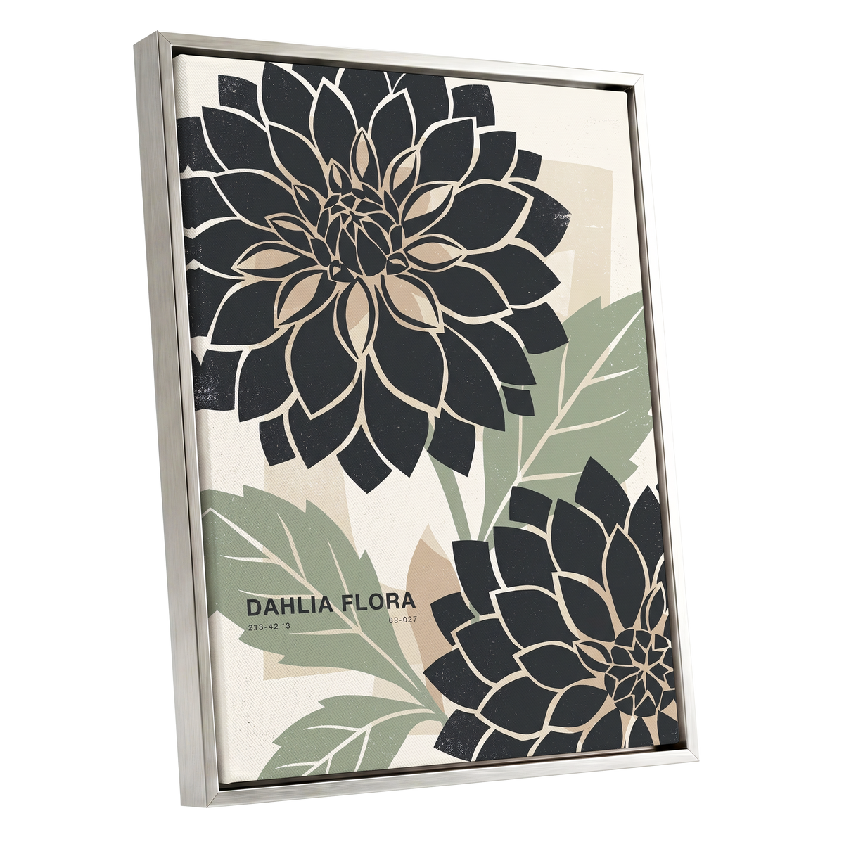 Noir Dahlia Garden, black, green, beige floral wall art shown as a silver framed canvas wall art