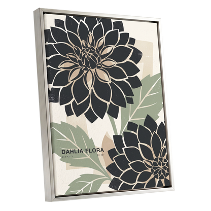 Noir Dahlia Garden, black, green, beige floral wall art shown as a silver framed canvas wall art