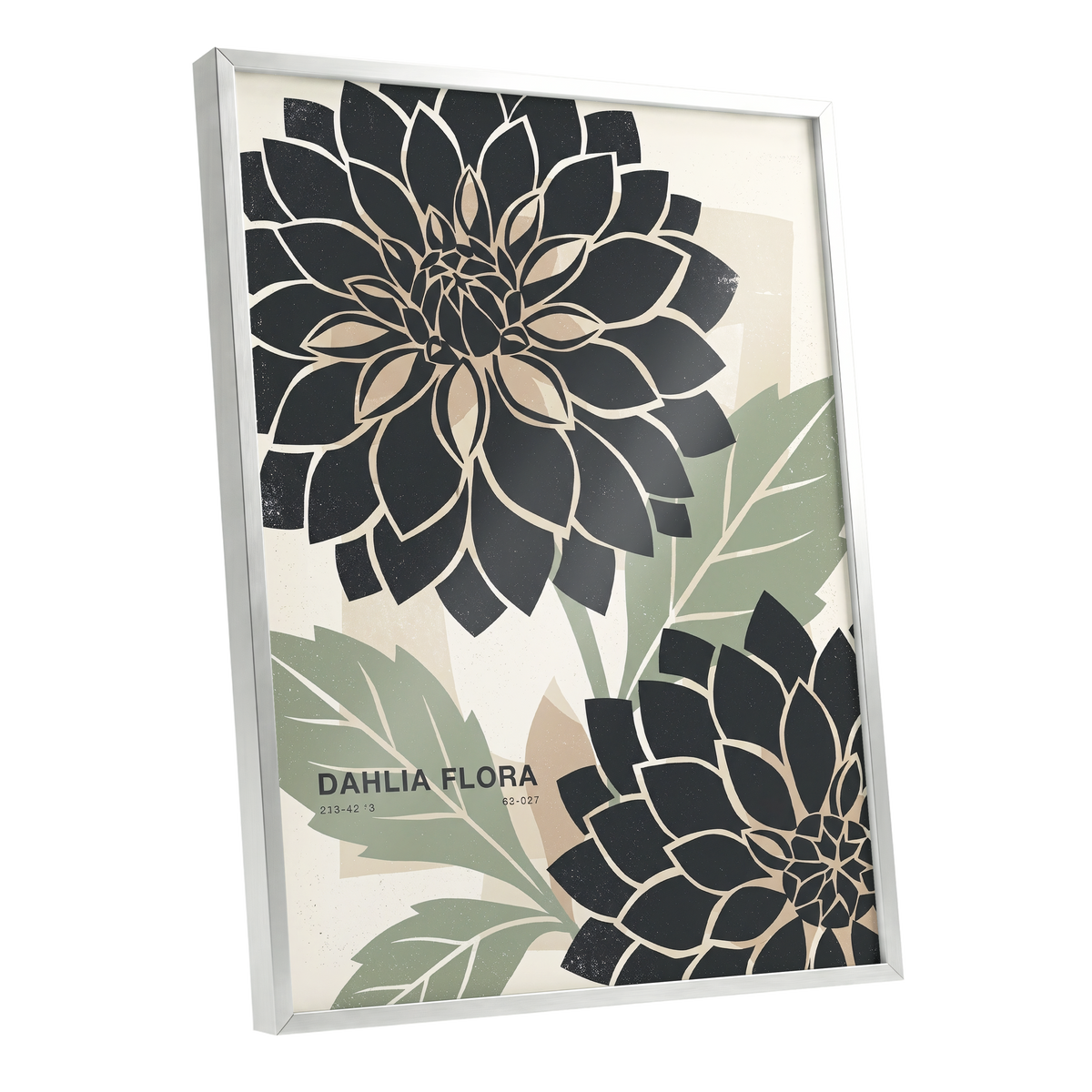 Noir Dahlia Garden, black, green, beige floral wall art shown as a silver framed poster wall art print