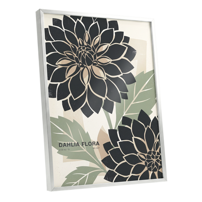 Noir Dahlia Garden, black, green, beige floral wall art shown as a silver framed poster wall art print