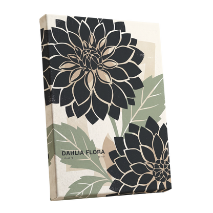 Noir Dahlia Garden, black, green, beige floral wall art shown as a stretched canvas wall art