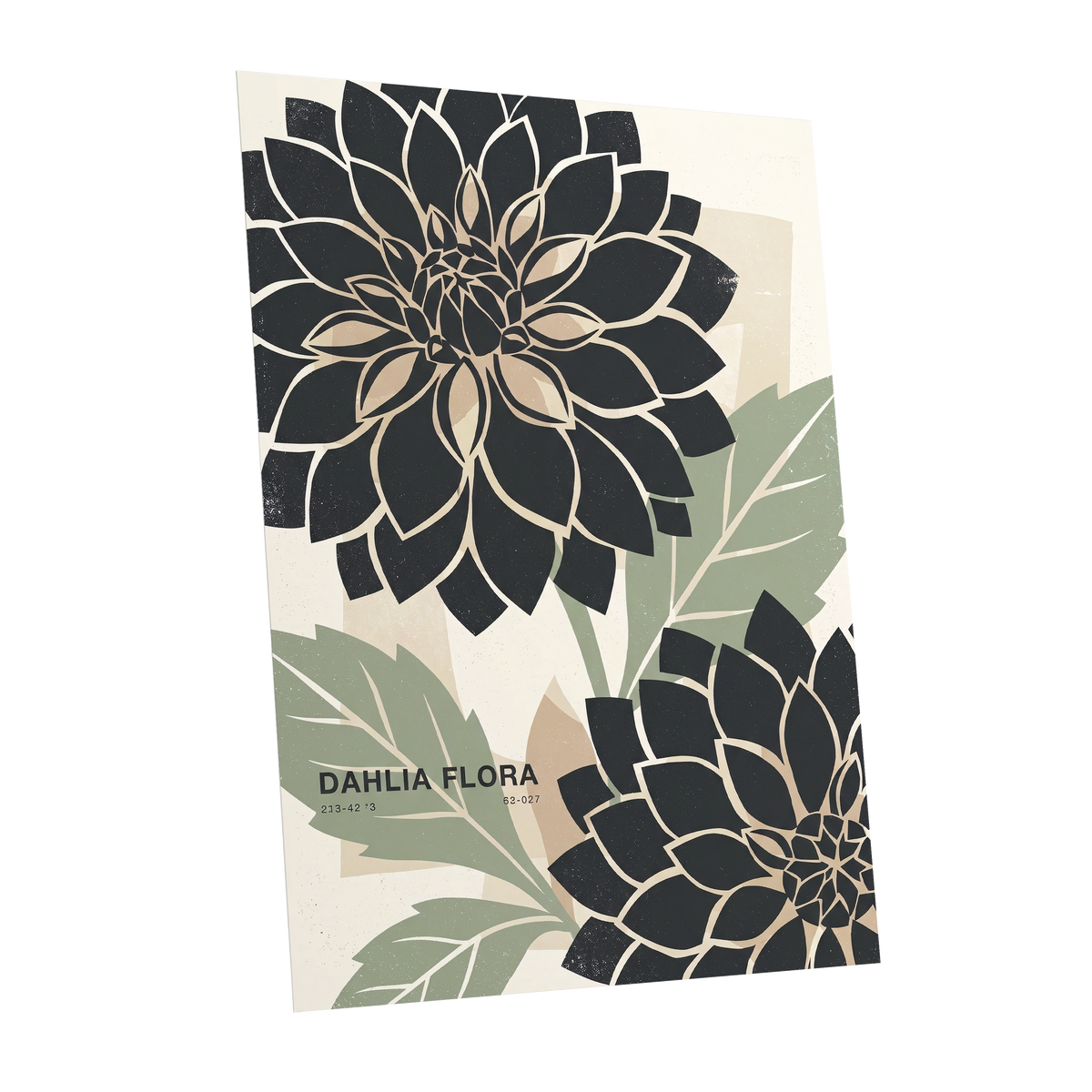 Noir Dahlia Garden, black, green, beige floral wall art shown as a unframed poster wall art print