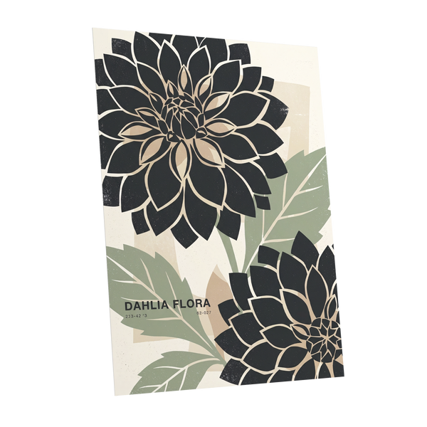 Noir Dahlia Garden, black, green, beige floral wall art shown as a unframed poster wall art print