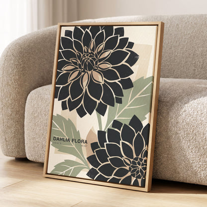 Noir Dahlia Garden, black, green, beige floral wall art displayed in a styled interior, gallery view 1