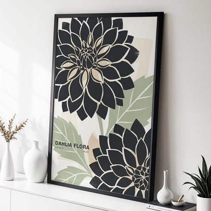 Noir Dahlia Garden, black, green, beige floral wall art displayed in a styled interior, gallery view 2