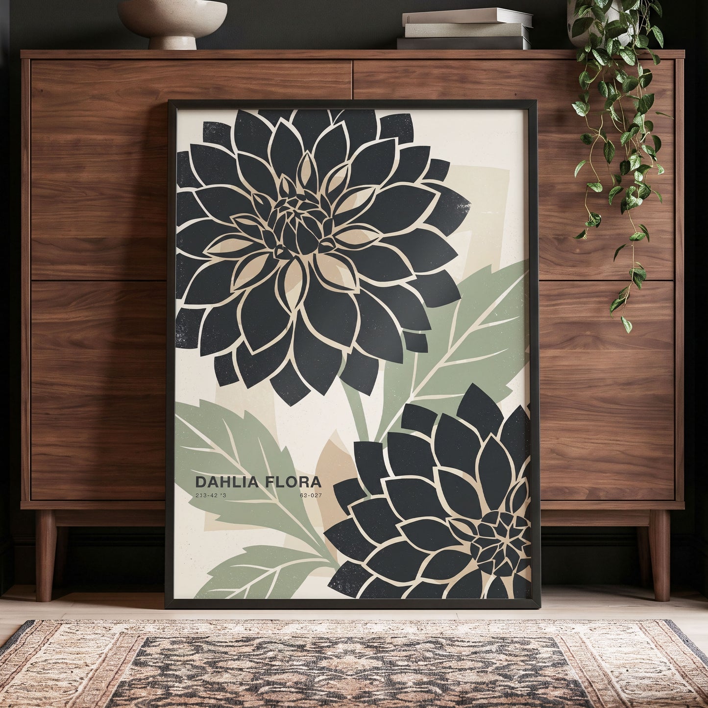 Noir Dahlia Garden, black, green, beige floral wall art displayed in a styled interior, gallery view 4