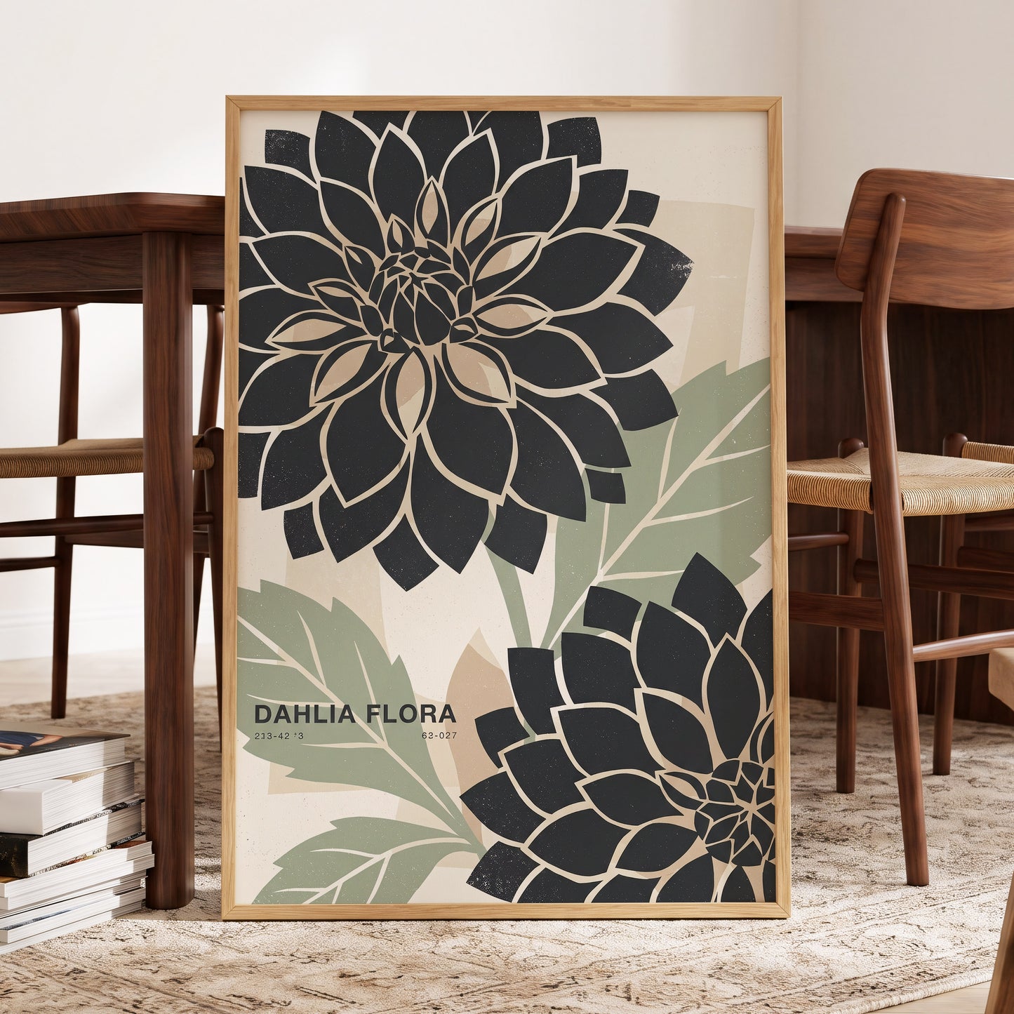 Noir Dahlia Garden, black, green, beige floral wall art displayed in a styled interior, gallery view 5
