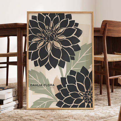 Noir Dahlia Garden, black, green, beige floral wall art displayed in a styled interior, gallery view 5