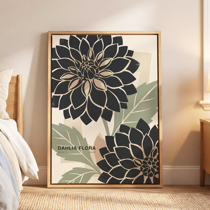 Noir Dahlia Garden, black, green, beige floral wall art displayed in a styled interior, gallery view 6