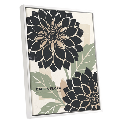 Noir Dahlia Garden, black, green, beige floral wall art shown as a white framed canvas wall art