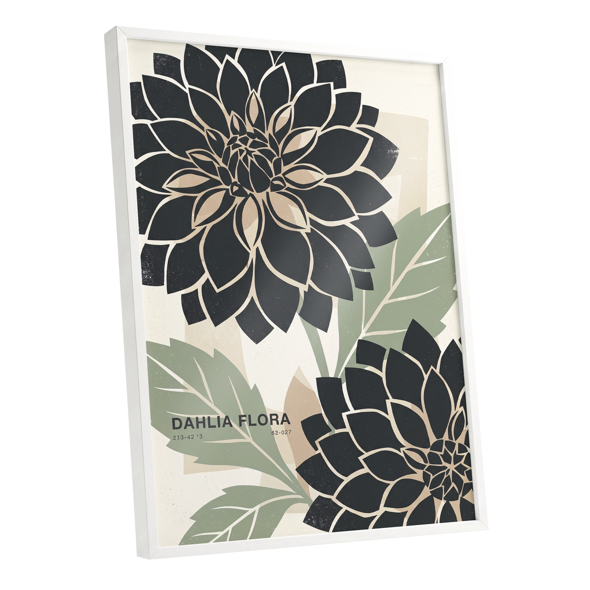 Noir Dahlia Garden, black, green, beige floral wall art shown as a white framed poster wall art print