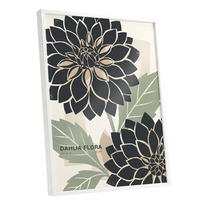 Noir Dahlia Garden, black, green, beige floral wall art shown as a white framed poster wall art print