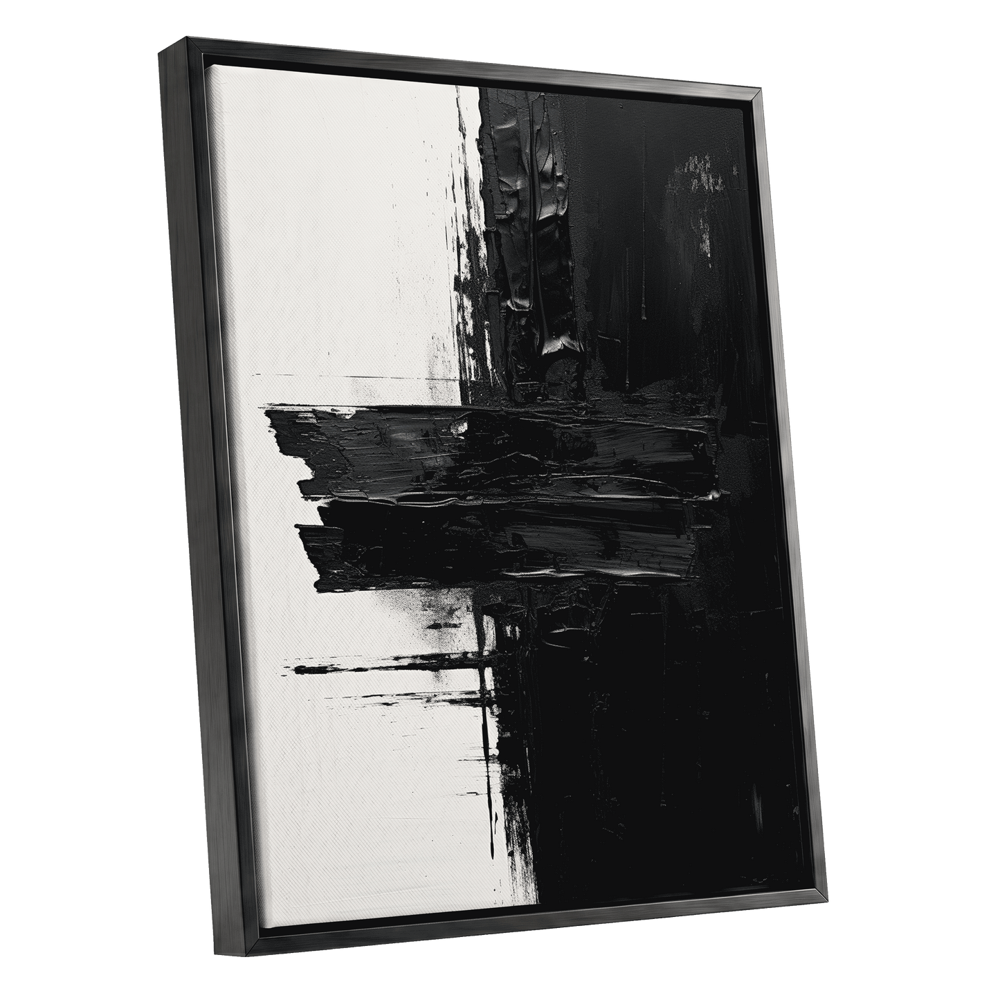Noir Faultline, black, white, gray abstract wall art shown as a black framed canvas wall art