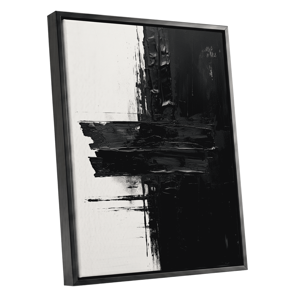 Noir Faultline, black, white, gray abstract wall art shown as a black framed canvas wall art