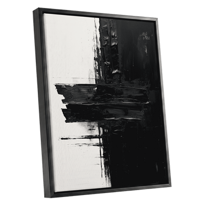 Noir Faultline, black, white, gray abstract wall art shown as a black framed canvas wall art
