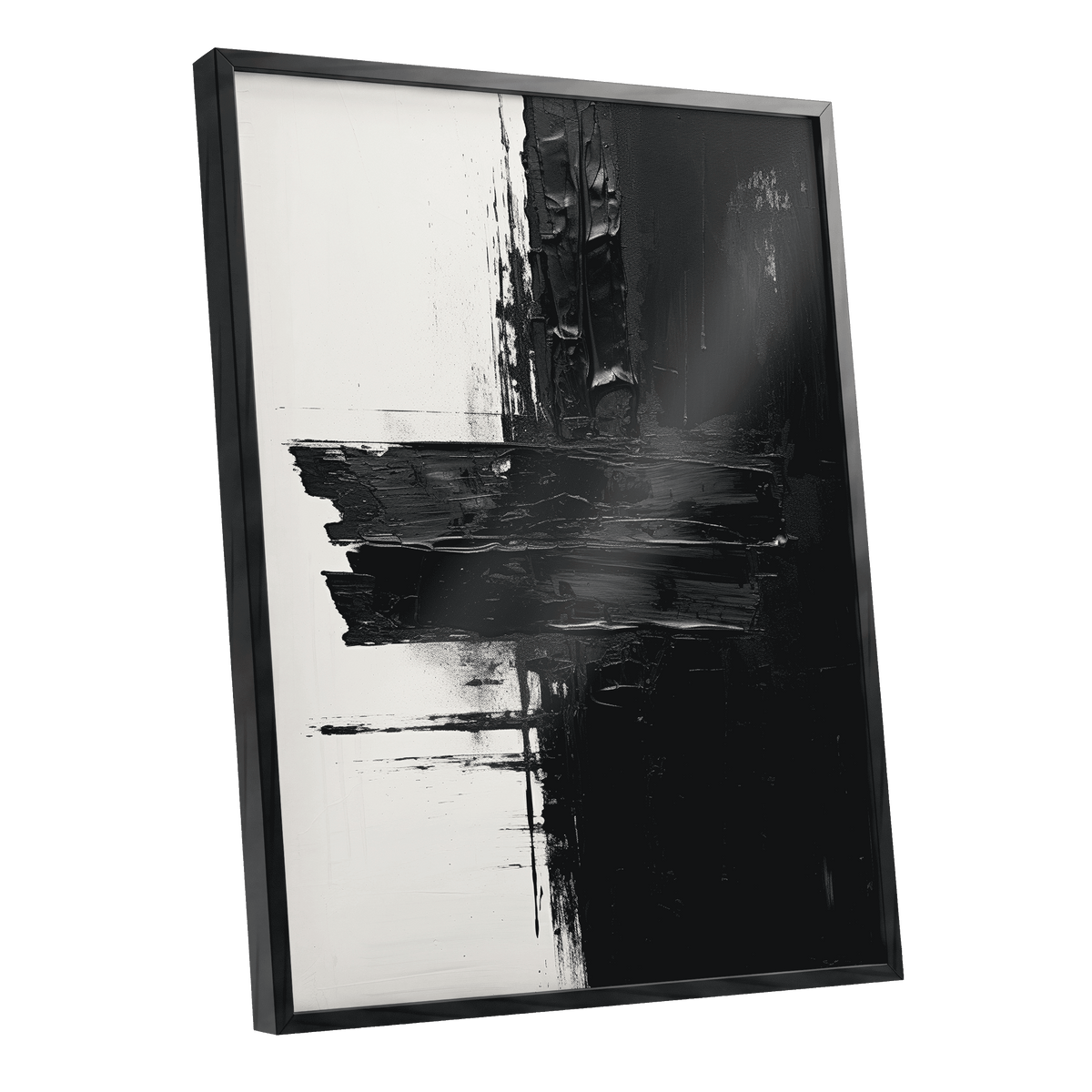 Noir Faultline, black, white, gray abstract wall art shown as a black framed poster wall art print