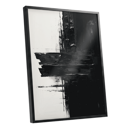 Noir Faultline, black, white, gray abstract wall art shown as a black framed poster wall art print