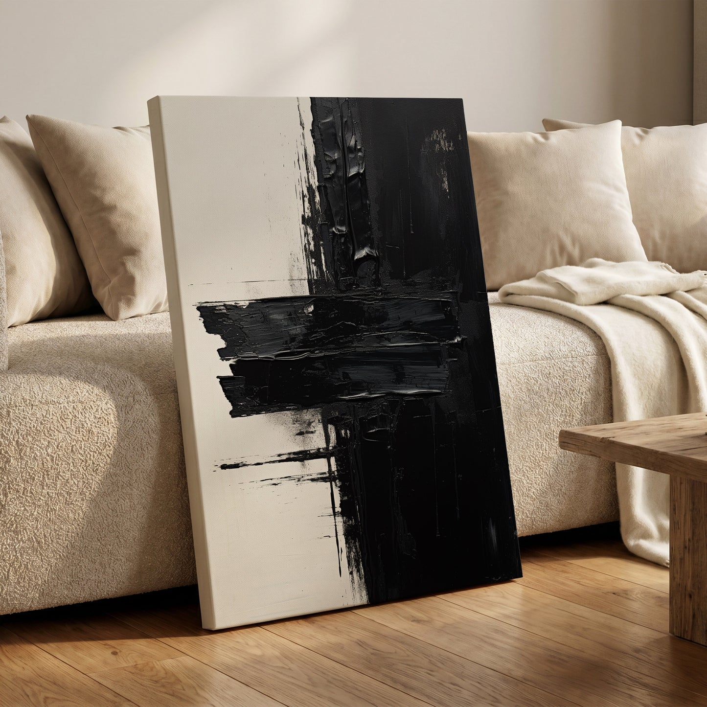 Noir Faultline, black, white, gray abstract wall art on canvas displayed in a styled interior, gallery view 1