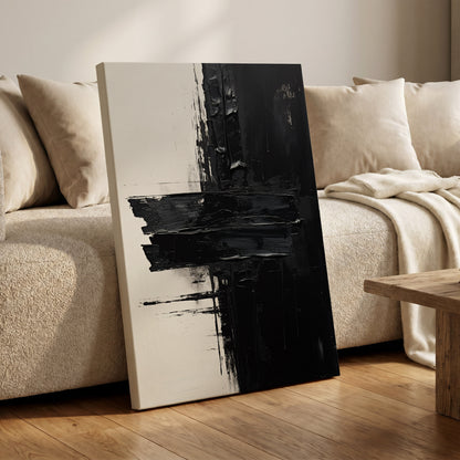 Noir Faultline, black, white, gray abstract wall art on canvas displayed in a styled interior, gallery view 1