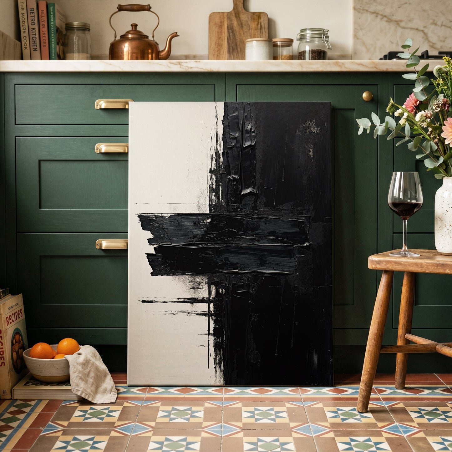 Noir Faultline, black, white, gray abstract wall art on canvas displayed in a styled interior, gallery view 2