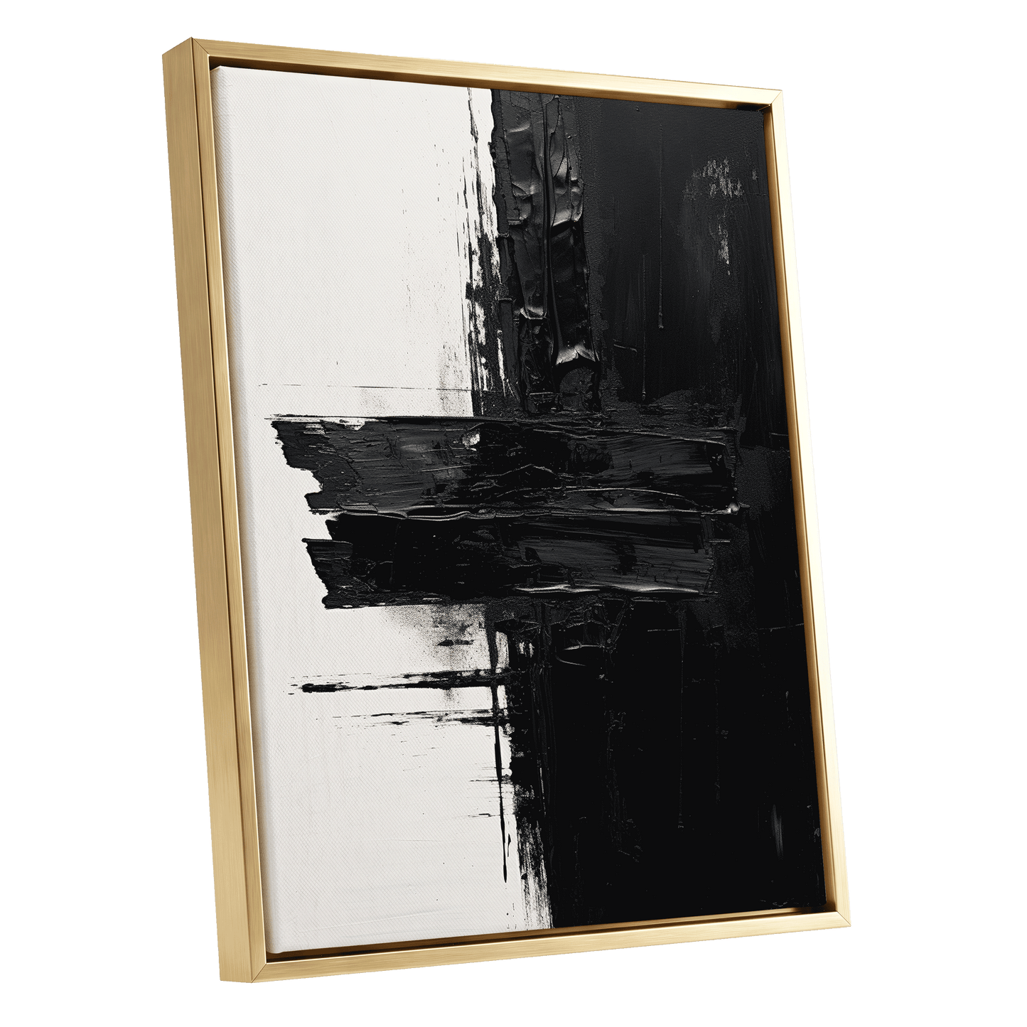 Noir Faultline, black, white, gray abstract wall art shown as a gold framed canvas wall art