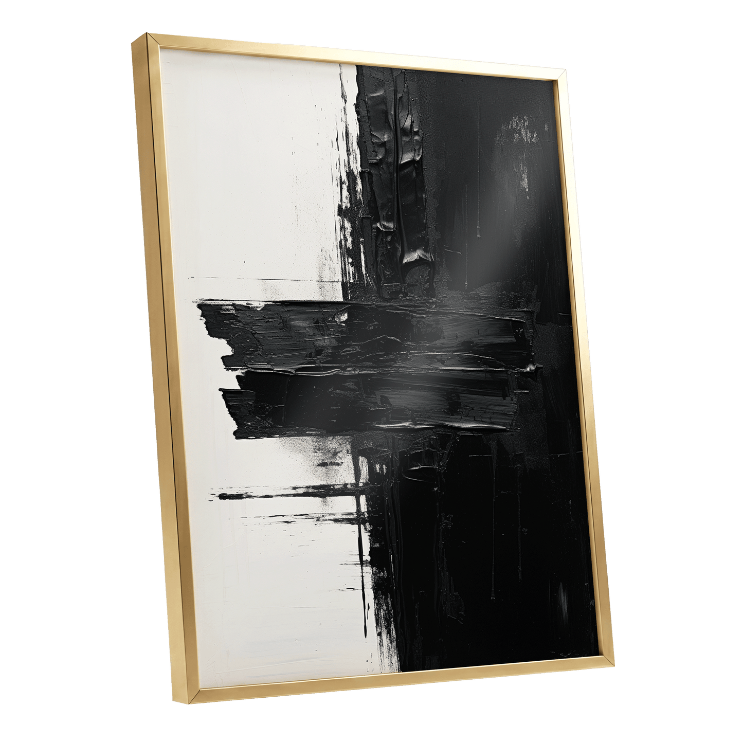 Noir Faultline, black, white, gray abstract wall art shown as a gold framed poster wall art print