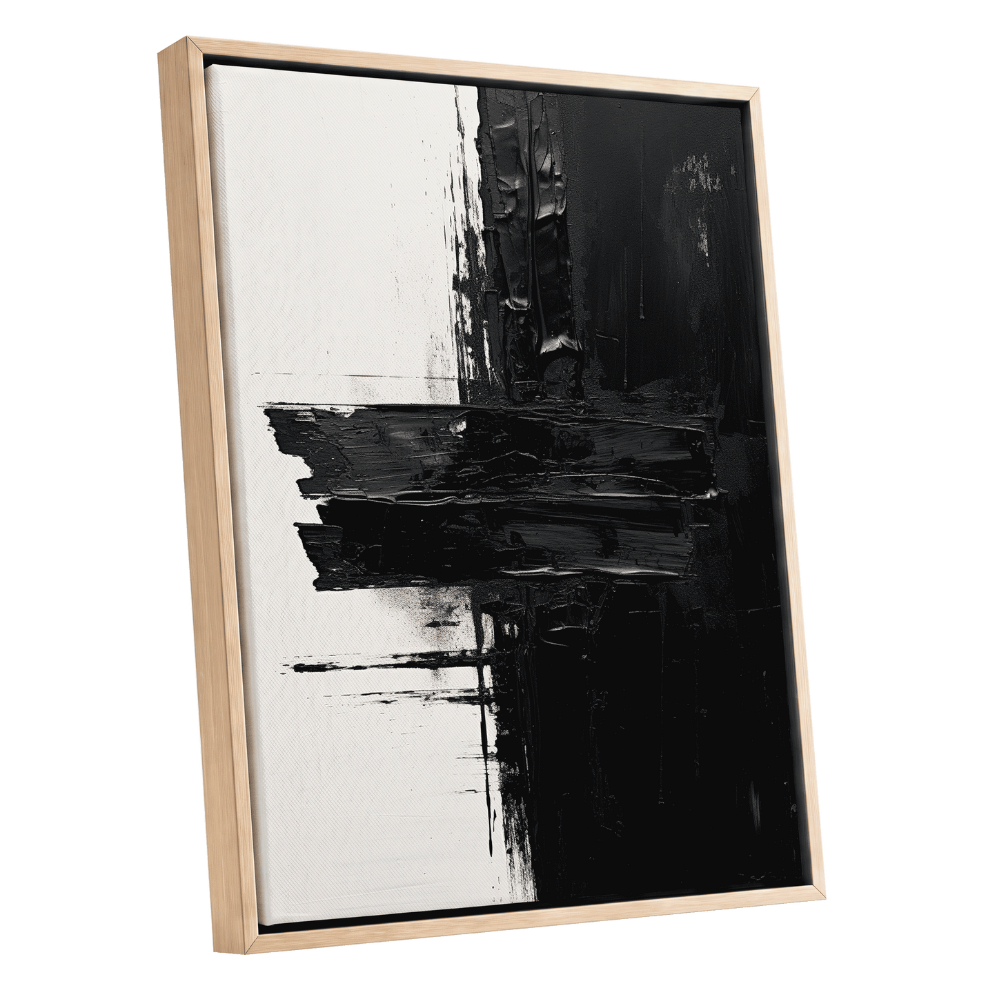 Noir Faultline, black, white, gray abstract wall art shown as a oak framed canvas wall art