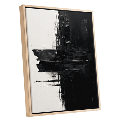 Noir Faultline, black, white, gray abstract wall art shown as a oak framed canvas wall art
