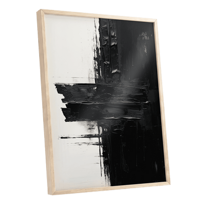Noir Faultline, black, white, gray abstract wall art shown as a oak framed poster wall art print