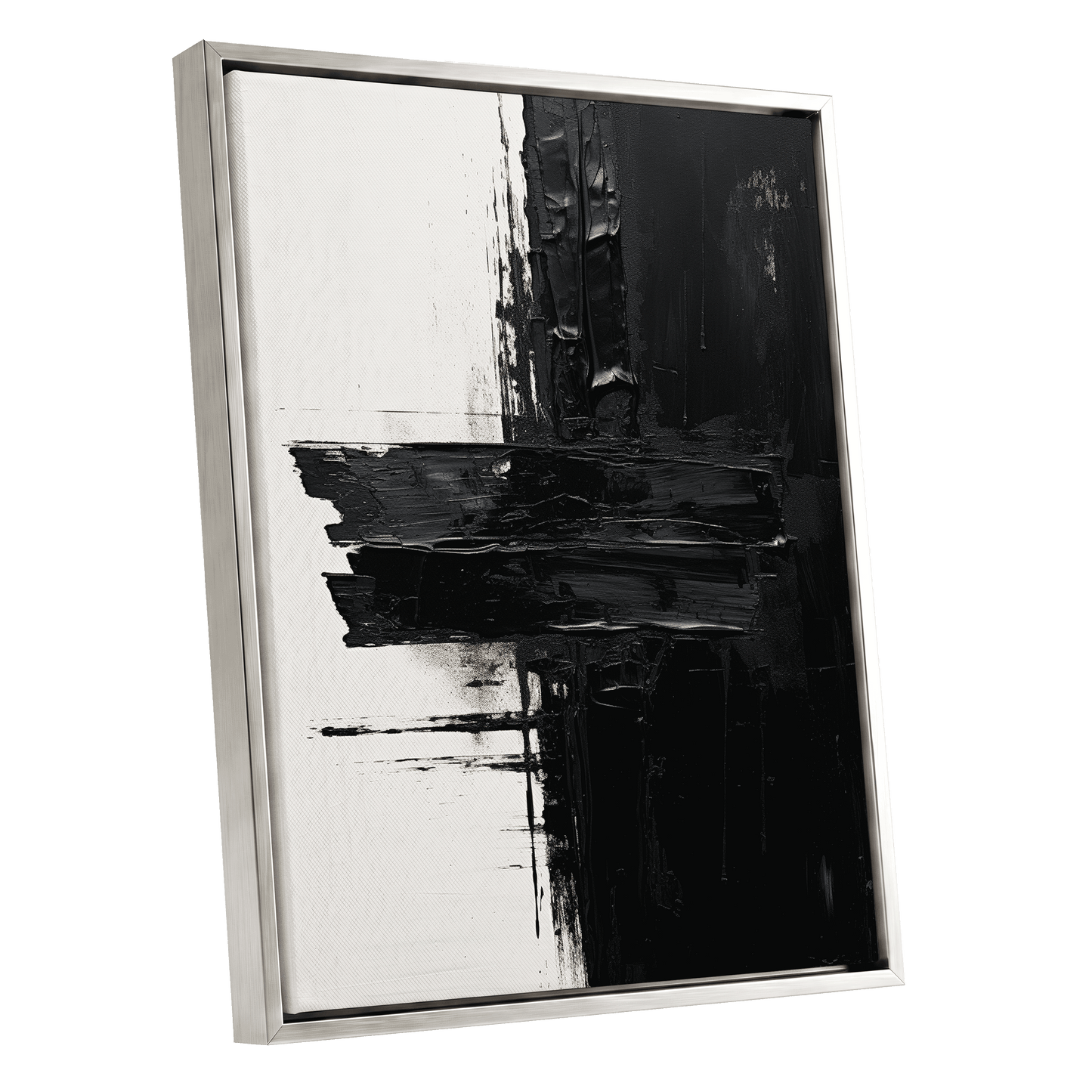 Noir Faultline, black, white, gray abstract wall art shown as a silver framed canvas wall art