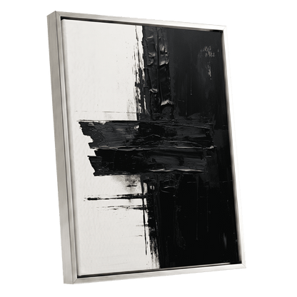 Noir Faultline, black, white, gray abstract wall art shown as a silver framed canvas wall art