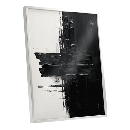 Noir Faultline, black, white, gray abstract wall art shown as a silver framed poster wall art print