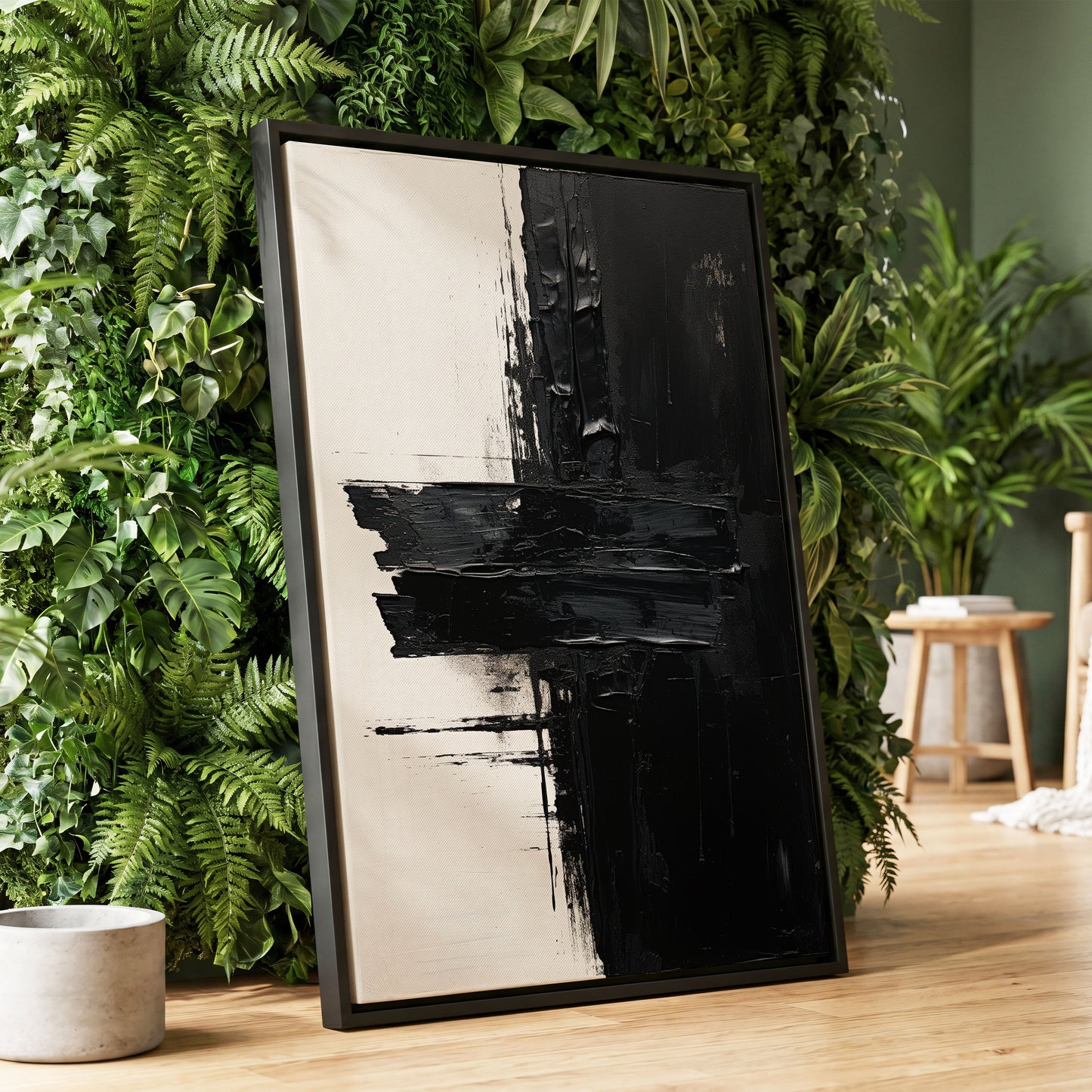 Noir Faultline, black, white, gray abstract wall art displayed in a styled interior, gallery view 1
