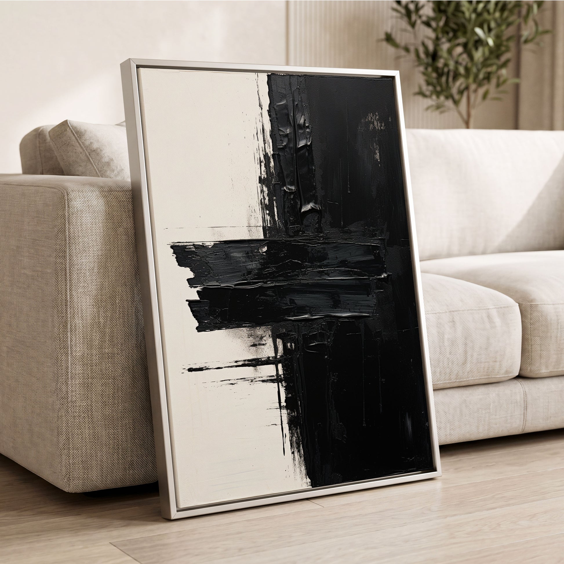 Noir Faultline, black, white, gray abstract wall art displayed in a styled interior, gallery view 2