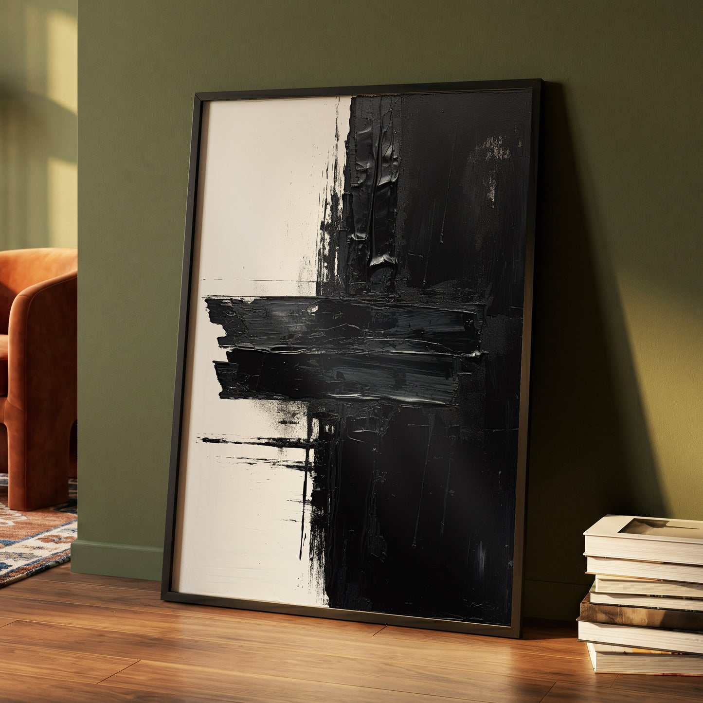 Noir Faultline, black, white, gray abstract wall art displayed in a styled interior, gallery view 4
