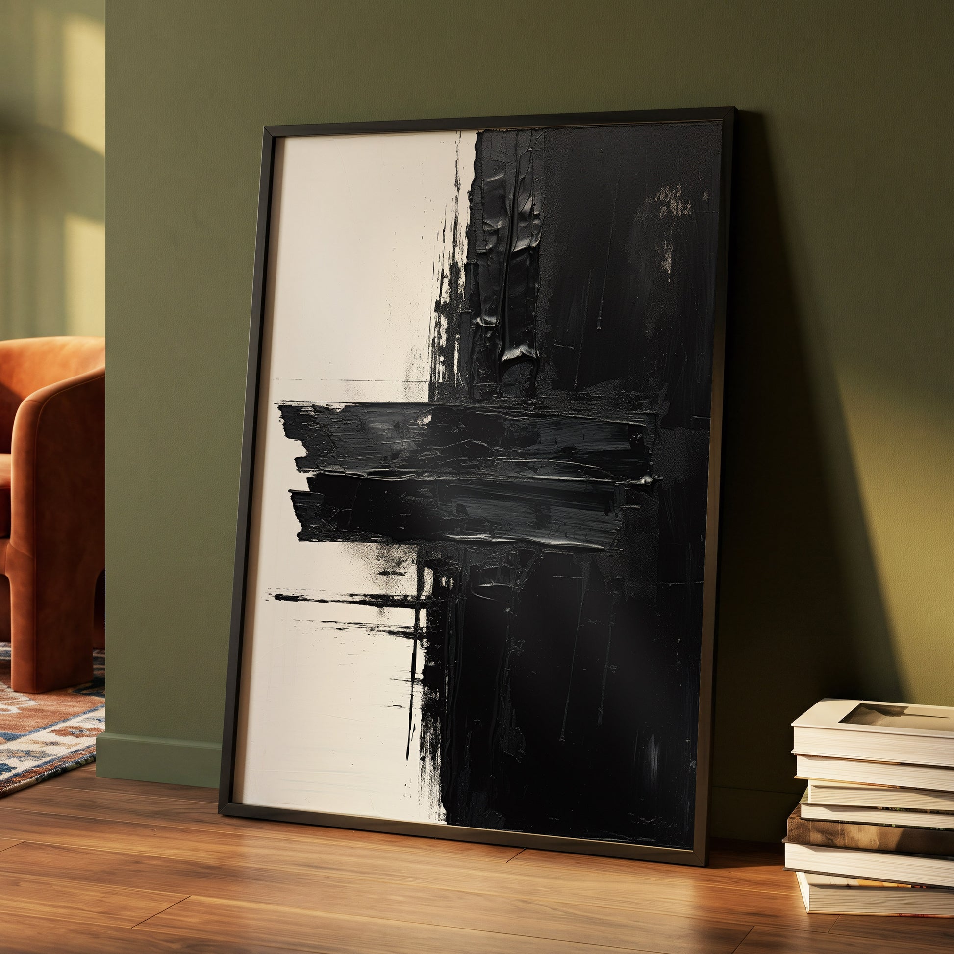 Noir Faultline, black, white, gray abstract wall art displayed in a styled interior, gallery view 4