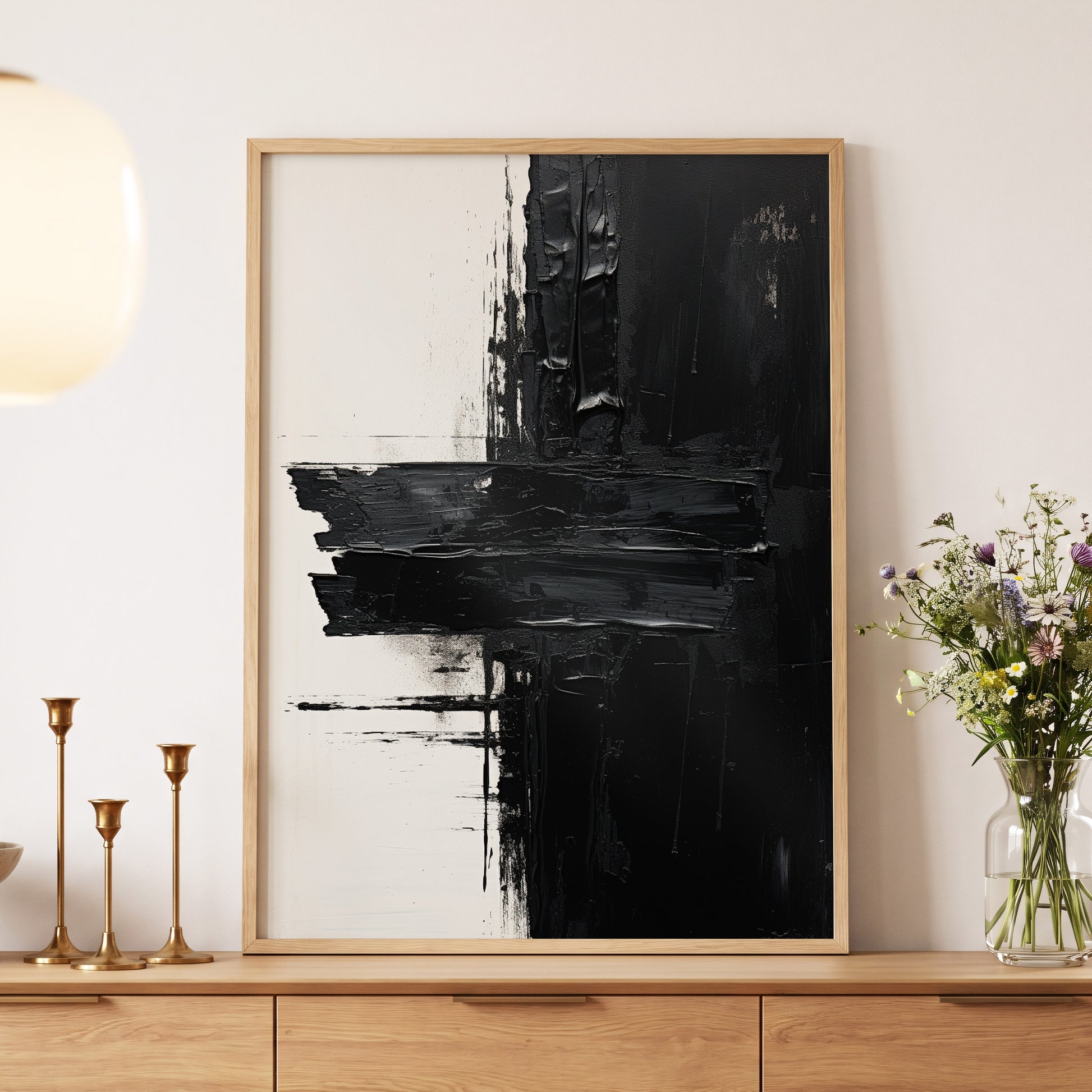 Noir Faultline, black, white, gray abstract wall art displayed in a styled interior, gallery view 5