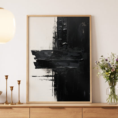 Noir Faultline, black, white, gray abstract wall art displayed in a styled interior, gallery view 5