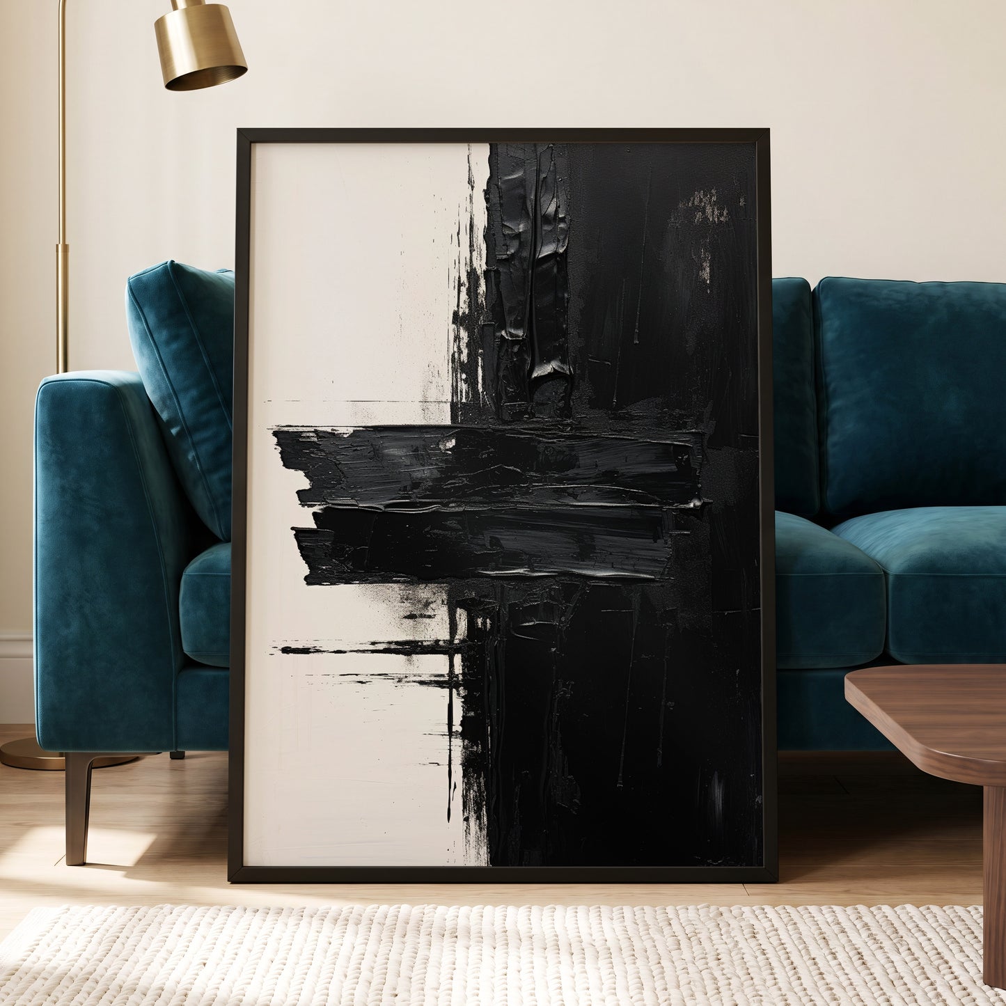 Noir Faultline, black, white, gray abstract wall art displayed in a styled interior, gallery view 6