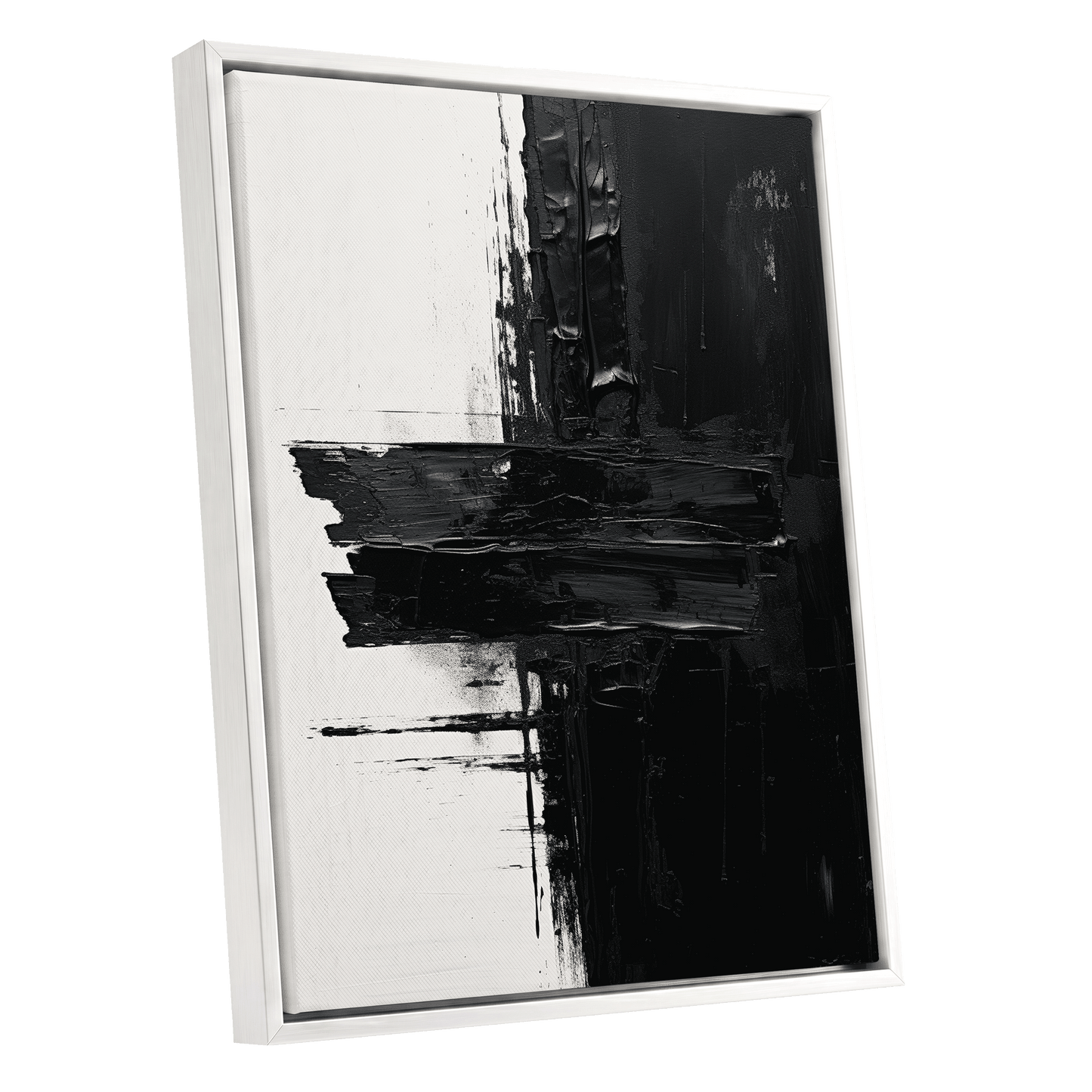 Noir Faultline, black, white, gray abstract wall art shown as a white framed canvas wall art