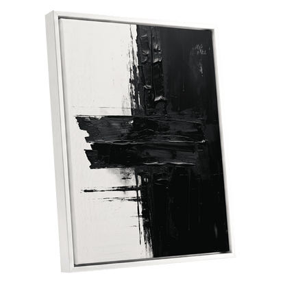 Noir Faultline, black, white, gray abstract wall art shown as a white framed canvas wall art