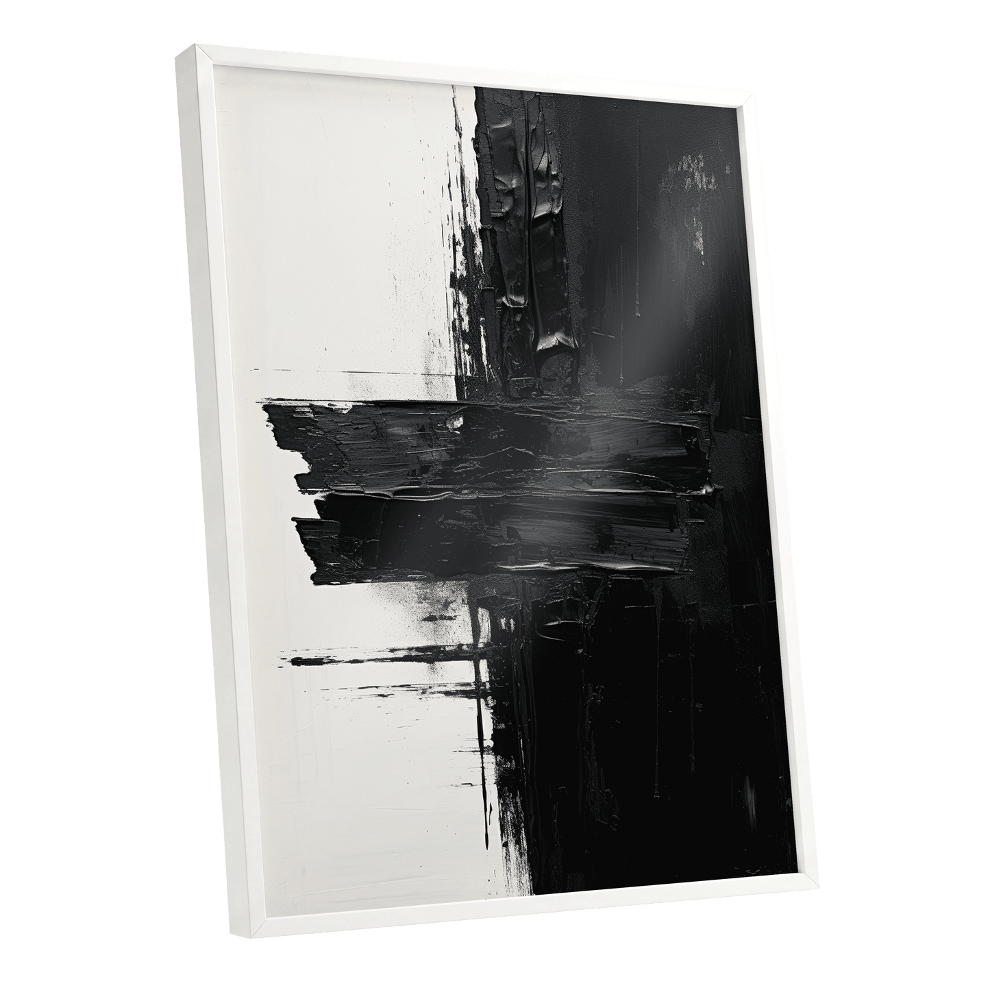 Noir Faultline, black, white, gray abstract wall art shown as a white framed poster wall art print
