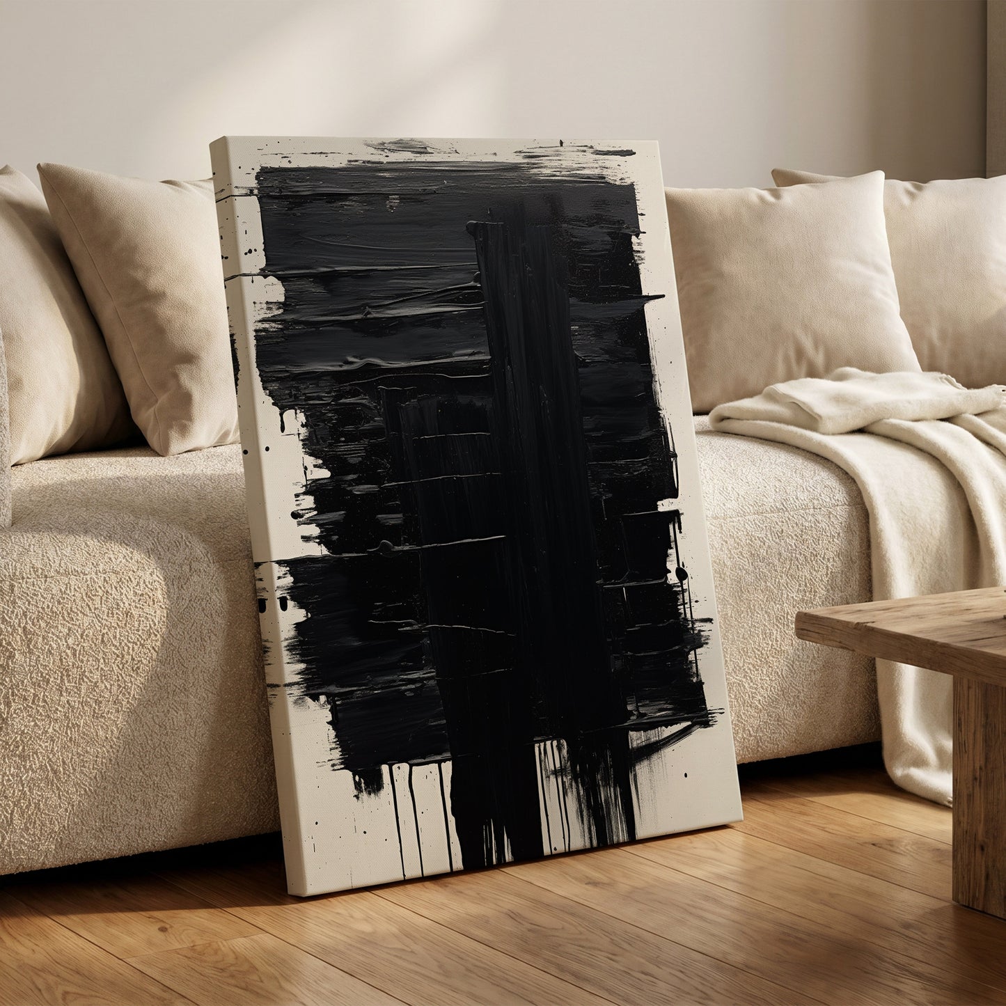 Noir Foundations, black, white, gray abstract wall art on canvas displayed in a styled interior, gallery view 1