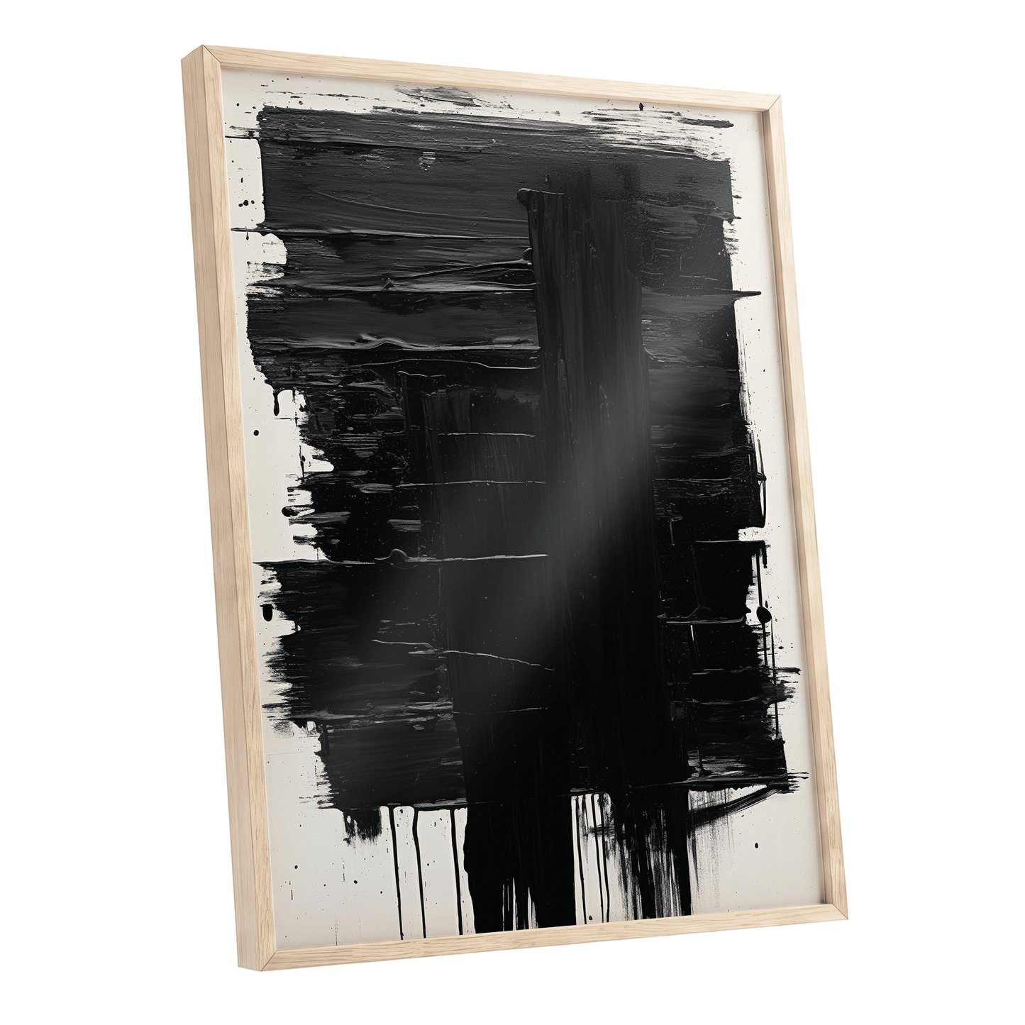 Noir Foundations, black, white, gray abstract wall art shown as a oak framed poster wall art print
