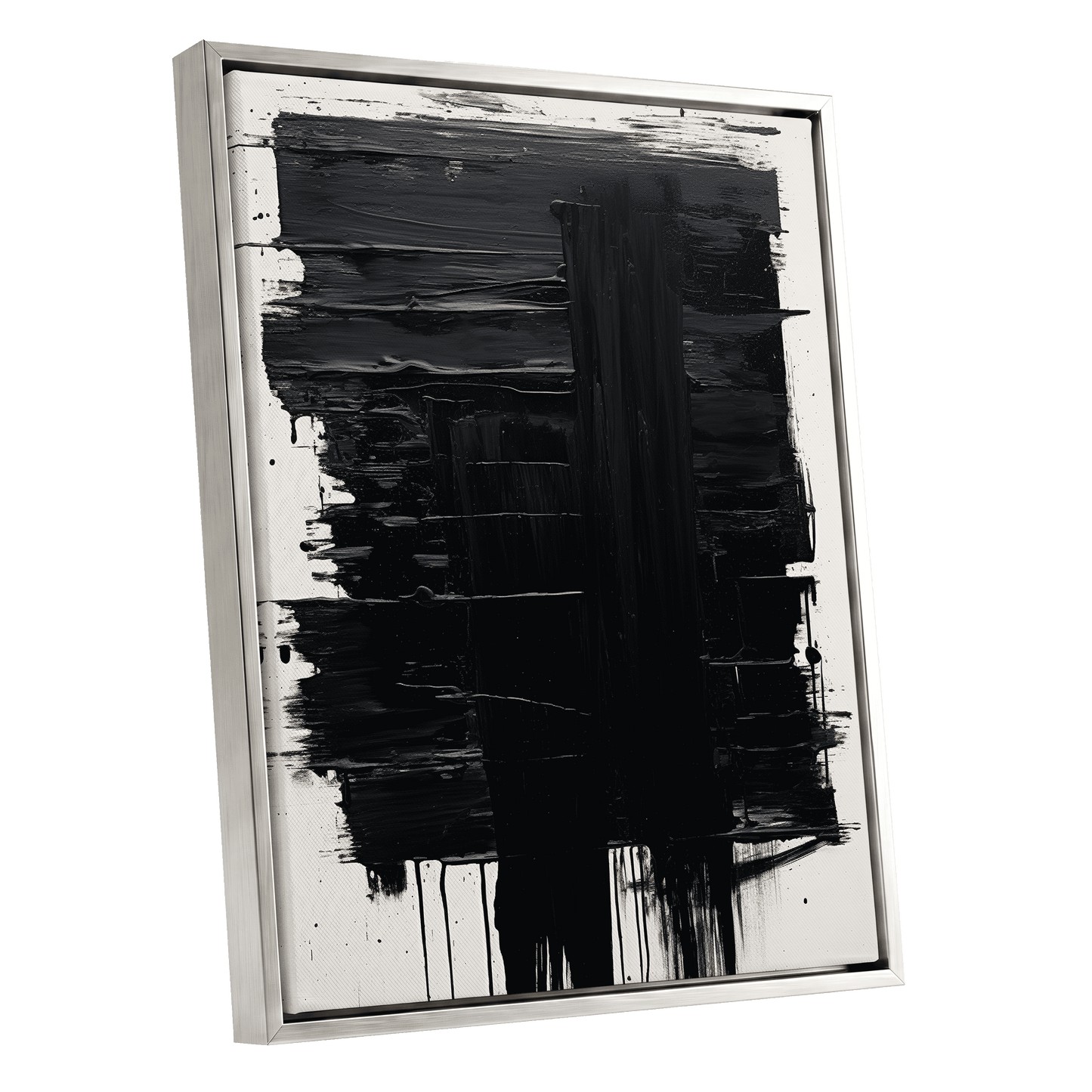 Noir Foundations, black, white, gray abstract wall art shown as a silver framed canvas wall art