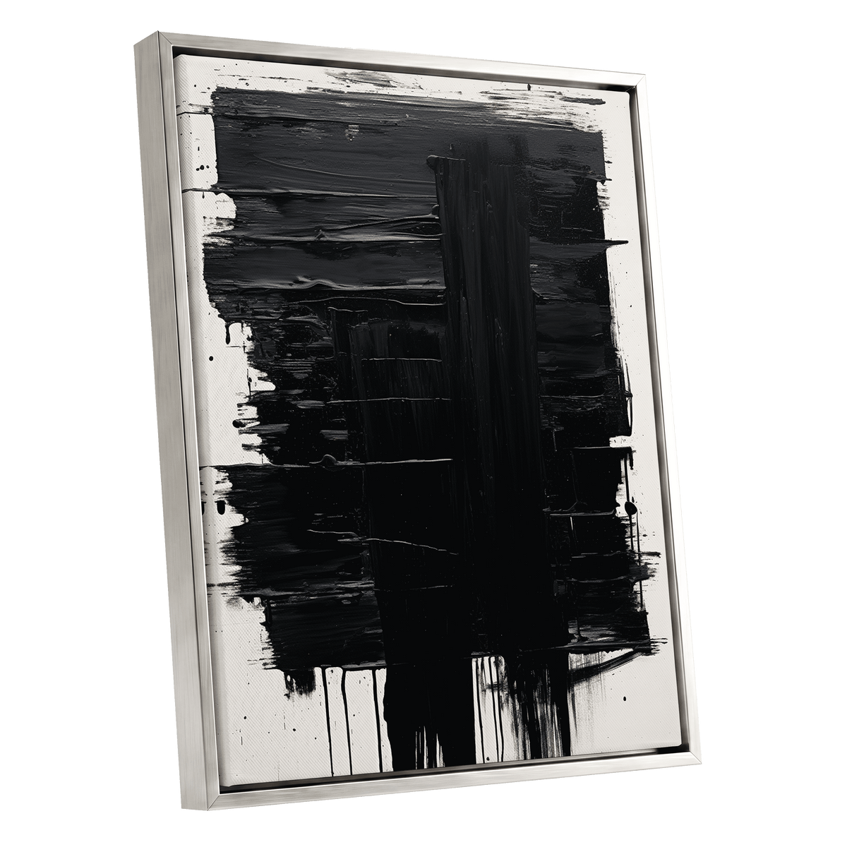 Noir Foundations, black, white, gray abstract wall art shown as a silver framed canvas wall art