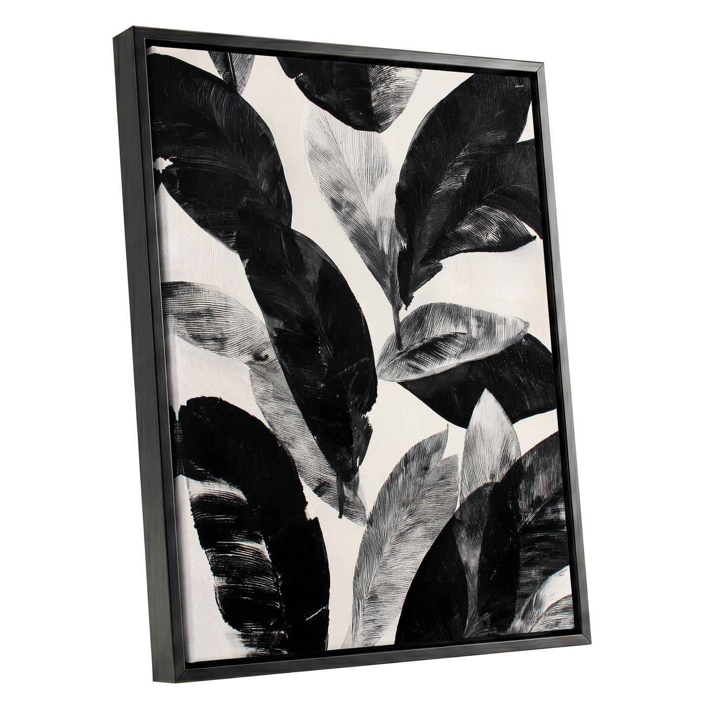 Noir Leaf Study, black, white, gray nature wall art shown as a black framed canvas wall art