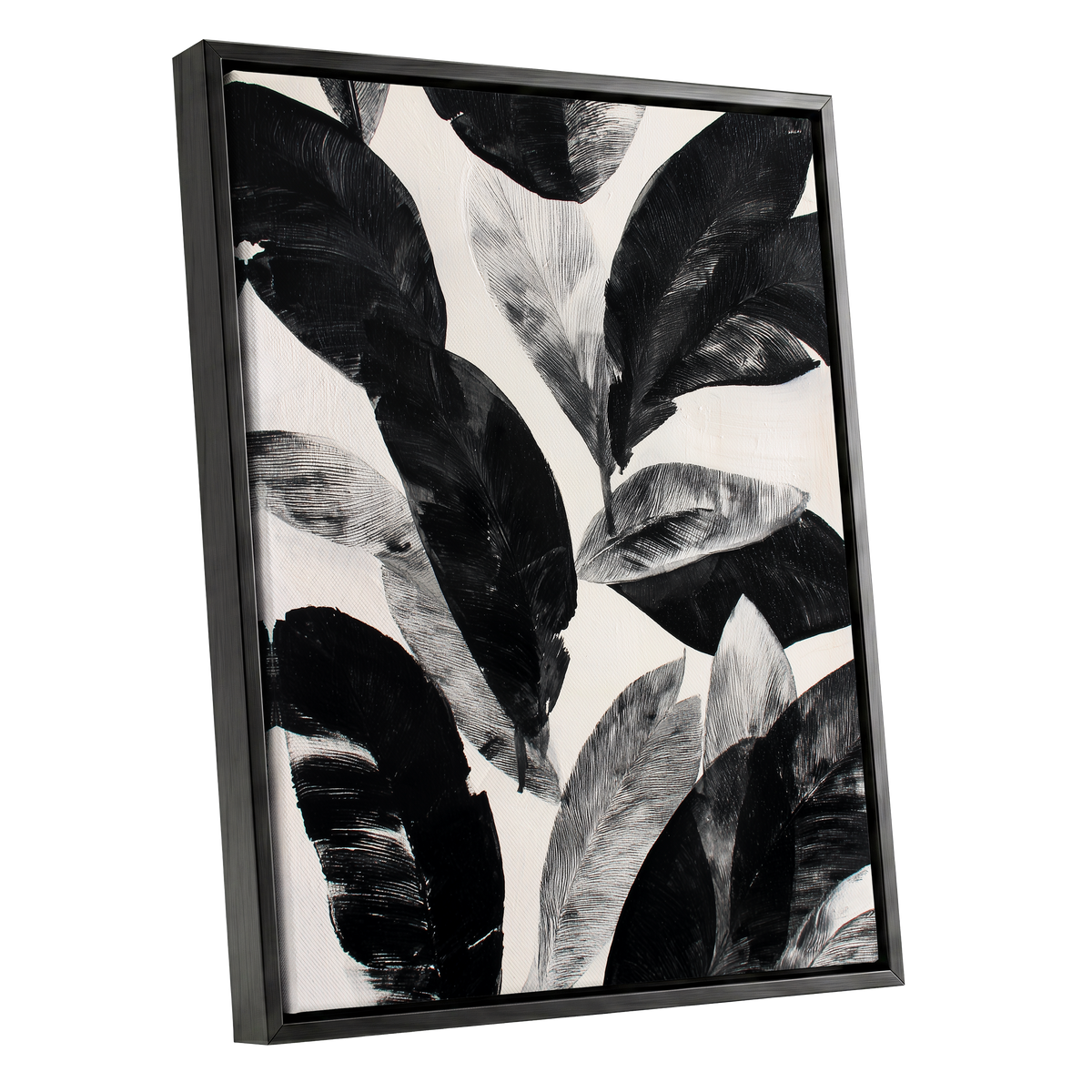 Noir Leaf Study, black, white, gray nature wall art shown as a black framed canvas wall art