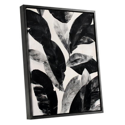 Noir Leaf Study, black, white, gray nature wall art shown as a black framed canvas wall art